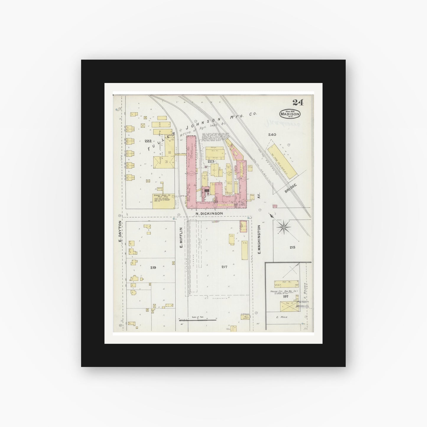 Old map wall art mockup — black gallery frame with white mat — Sanborn Fire Insurance Map from Madison, Dane County, Wisconsin (1892), Sheet #0024