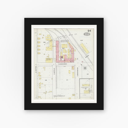 Old map wall art mockup — black gallery frame with white mat — Sanborn Fire Insurance Map from Madison, Dane County, Wisconsin (1892), Sheet #0024