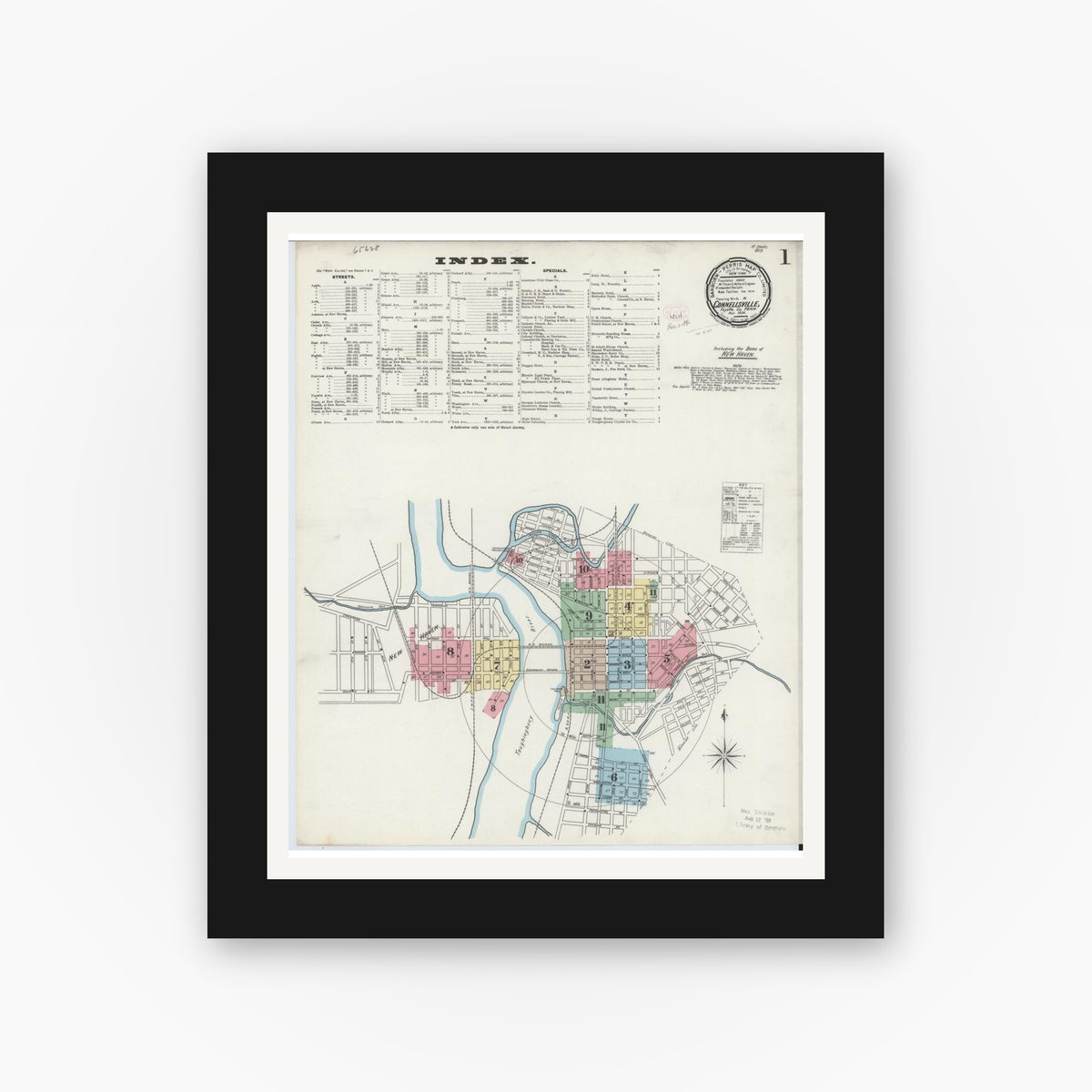 Old map wall art mockup — black gallery frame with white mat — Sanborn Fire Insurance Map from Connellsville, Fayette County, Pennsylvania (1896) - Complete Map Set