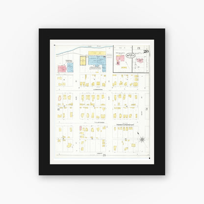 Old map wall art mockup — black gallery frame with white mat — Sanborn Fire Insurance Map from Waterloo, Black Hawk County, Iowa (1906), Sheet #0020