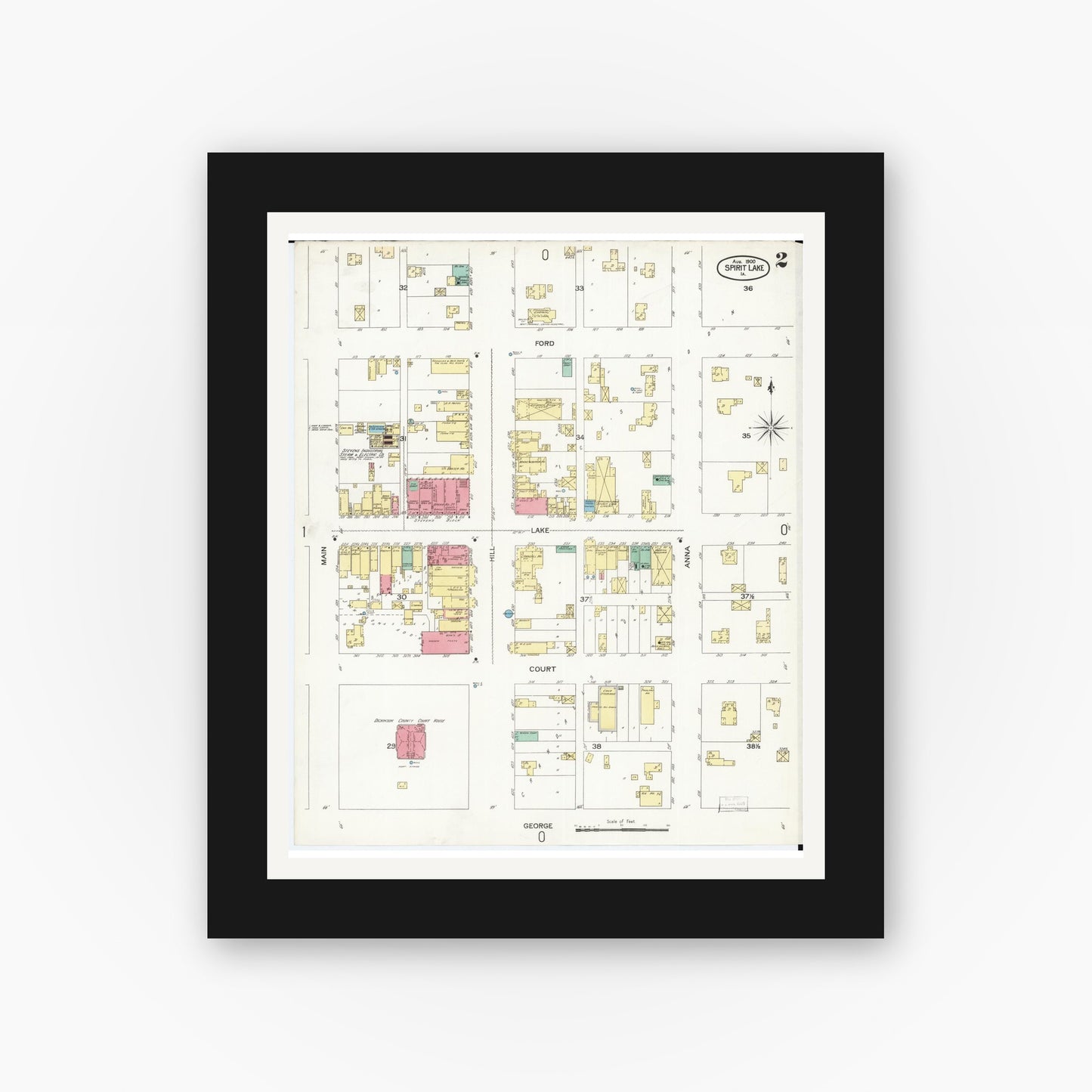 Old map wall art mockup — black gallery frame with white mat — Sanborn Fire Insurance Map from Spirit Lake, Dickinson County, Iowa (1900), Sheet #0002