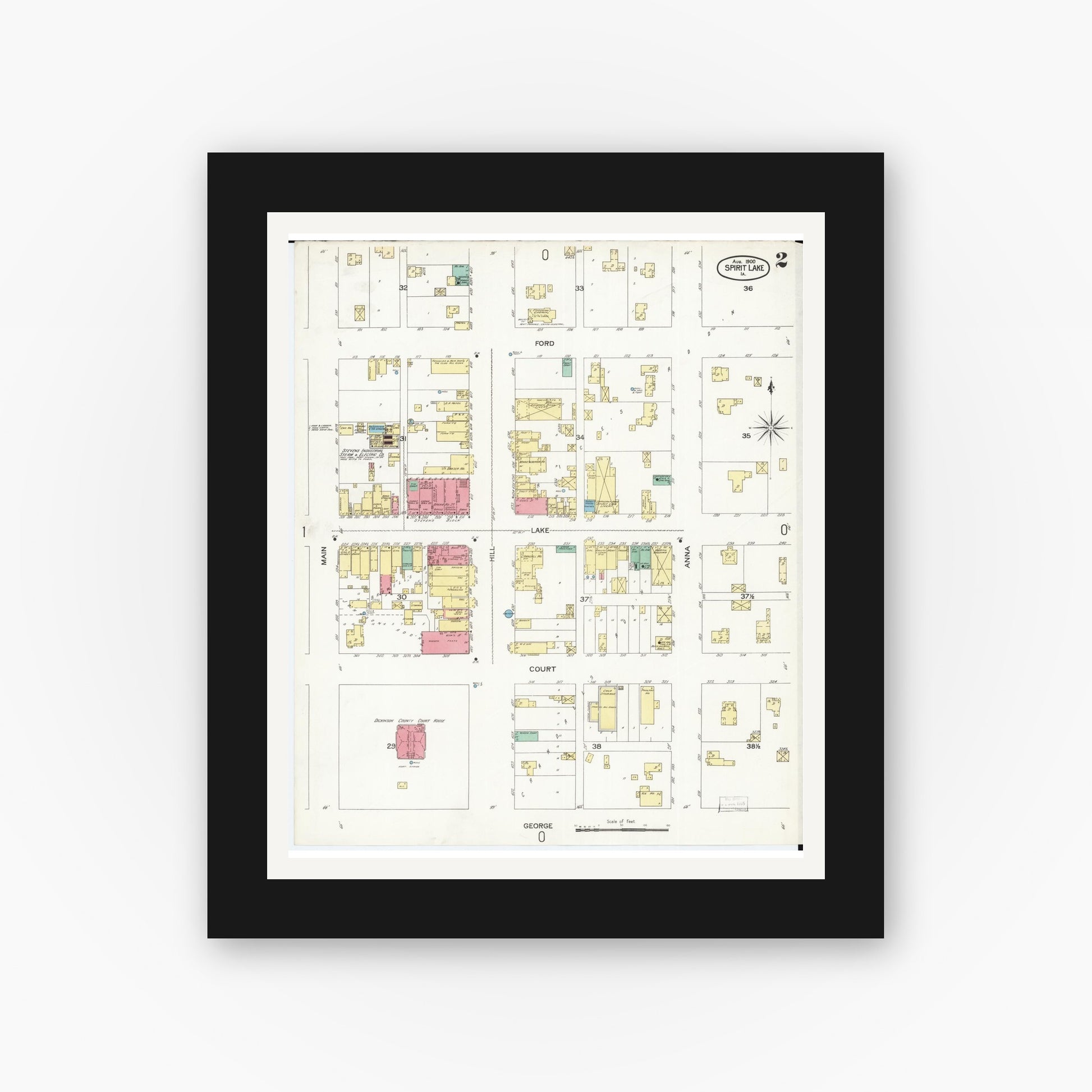 Old map wall art mockup — black gallery frame with white mat — Sanborn Fire Insurance Map from Spirit Lake, Dickinson County, Iowa (1900), Sheet #0002