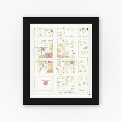 Old map wall art mockup — black gallery frame with white mat — Sanborn Fire Insurance Map from Spirit Lake, Dickinson County, Iowa (1900), Sheet #0002