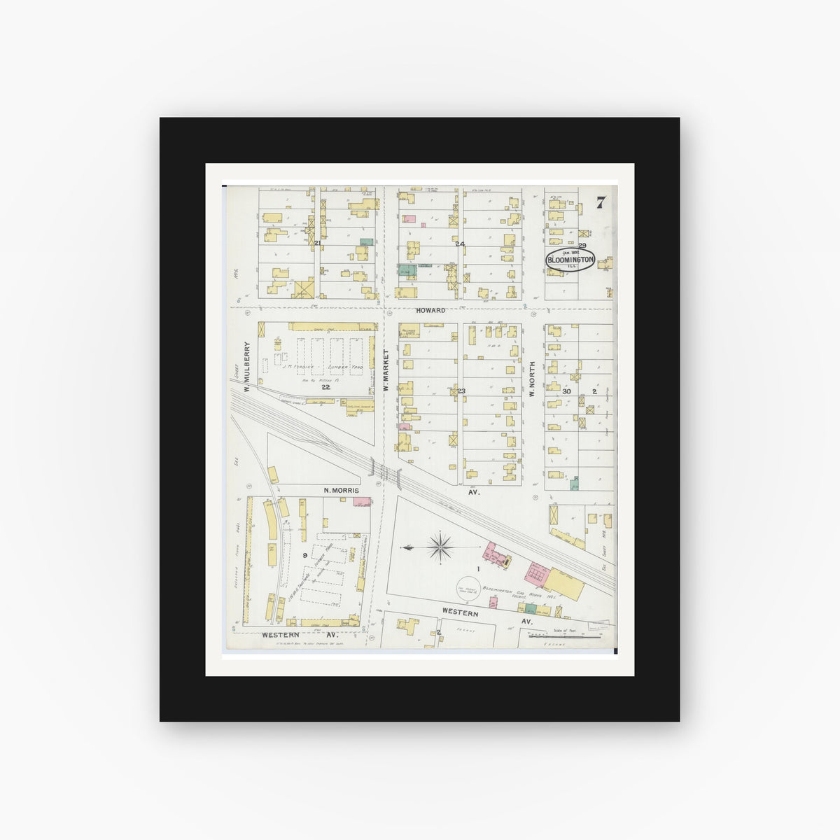 Old map wall art mockup — black gallery frame with white mat — Sanborn Fire Insurance Map from Bloomington, McLean County, Illinois (1892), Sheet #0007