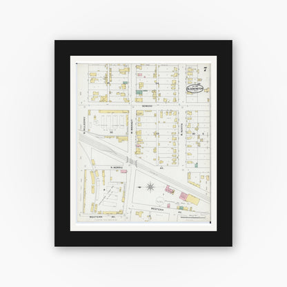 Old map wall art mockup — black gallery frame with white mat — Sanborn Fire Insurance Map from Bloomington, McLean County, Illinois (1892), Sheet #0007