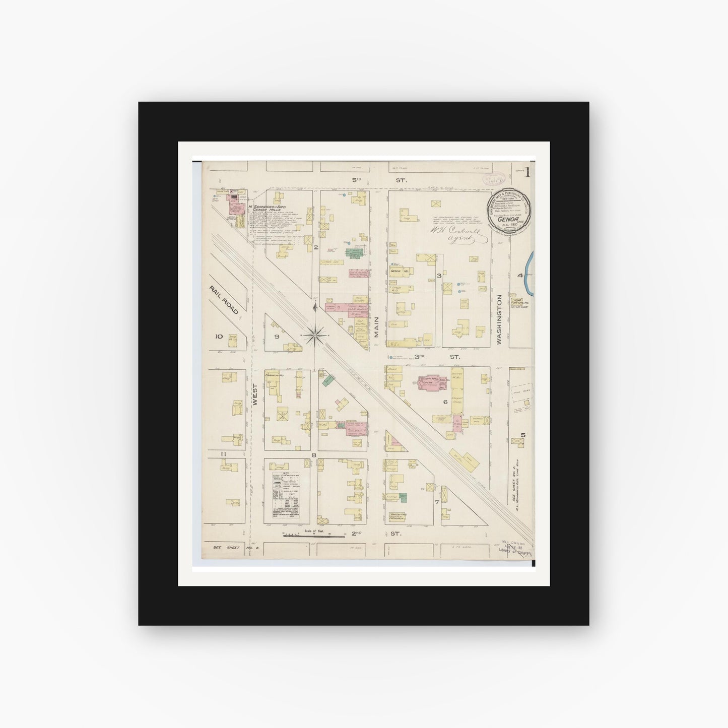 Old map wall art mockup — black gallery frame with white mat — Sanborn Fire Insurance Map from Genoa, Ottawa County, Ohio (1885), Sheet #0001