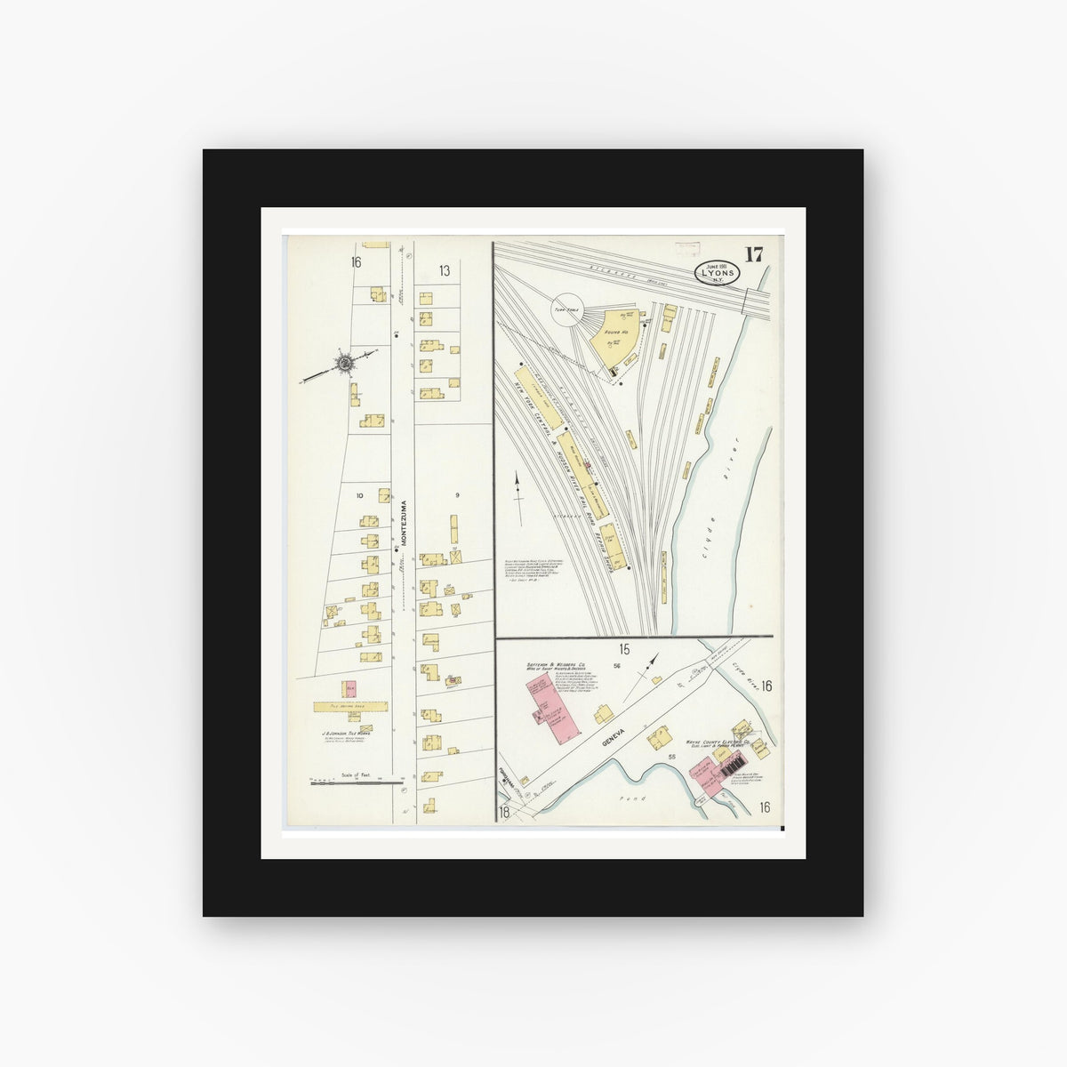 Old map wall art mockup — black gallery frame with white mat — Sanborn Fire Insurance Map from Lyons, Wayne County, New York (1911), Sheet #0017