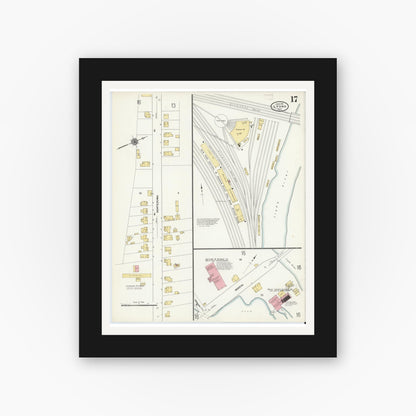 Old map wall art mockup — black gallery frame with white mat — Sanborn Fire Insurance Map from Lyons, Wayne County, New York (1911), Sheet #0017