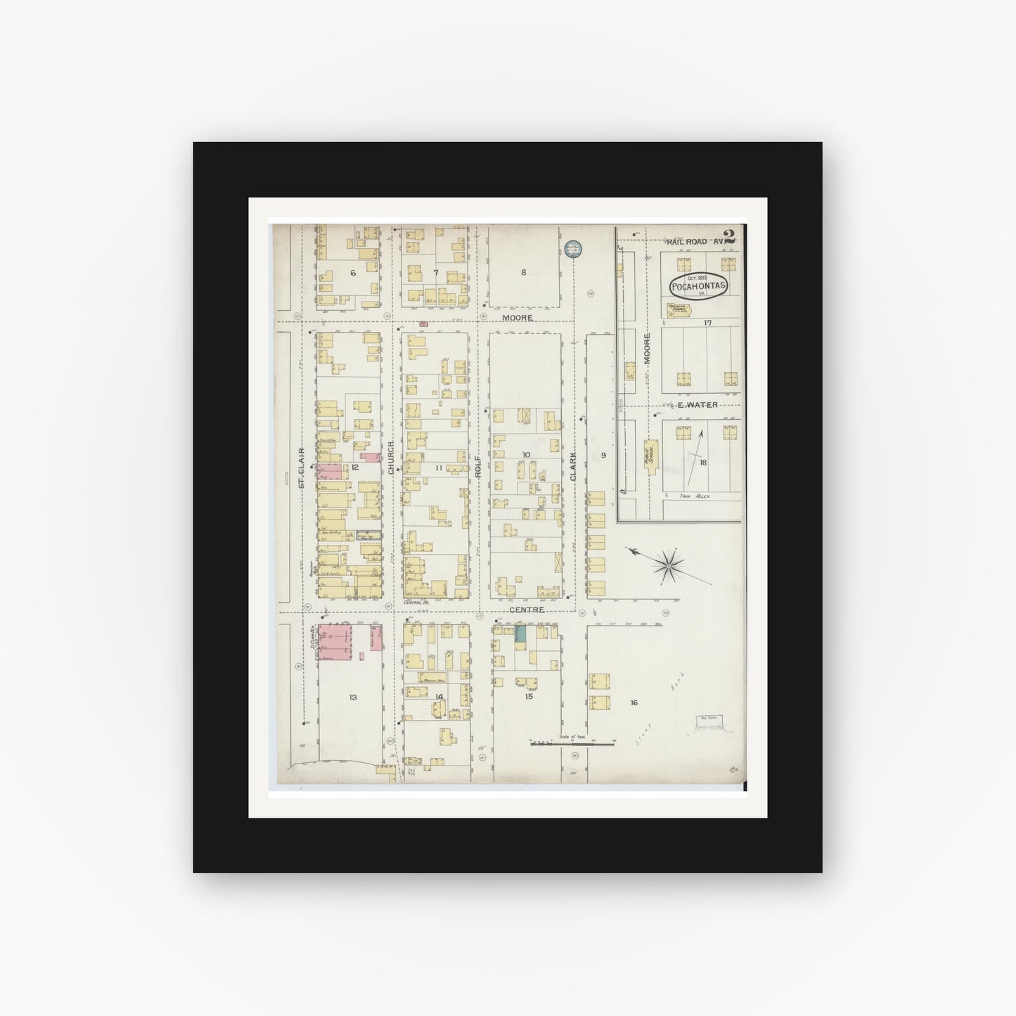 Old map wall art mockup — black gallery frame with white mat — Sanborn Fire Insurance Map from Pocahontas, Tazewell County, Virginia (1893), Sheet #0002