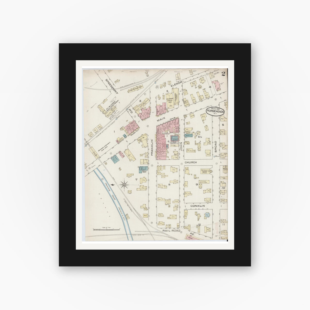 Old map wall art mockup — black gallery frame with white mat — Sanborn Fire Insurance Map from Horseheads, Chemung County, New York (1886), Sheet #0002