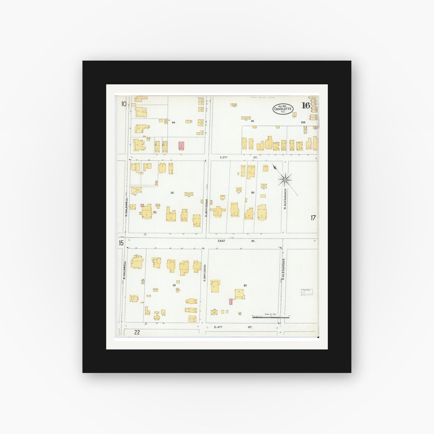 Old map wall art mockup — black gallery frame with white mat — Sanborn Fire Insurance Map from Charlotte, Mecklenburg County, North Carolina (1905), Sheet #0016