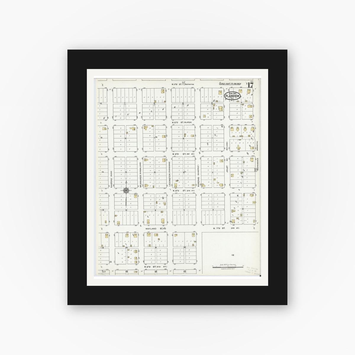 Old map wall art mockup — black gallery frame with white mat — Sanborn Fire Insurance Map from Plainview, Hale County, Texas (1921), Sheet #0017