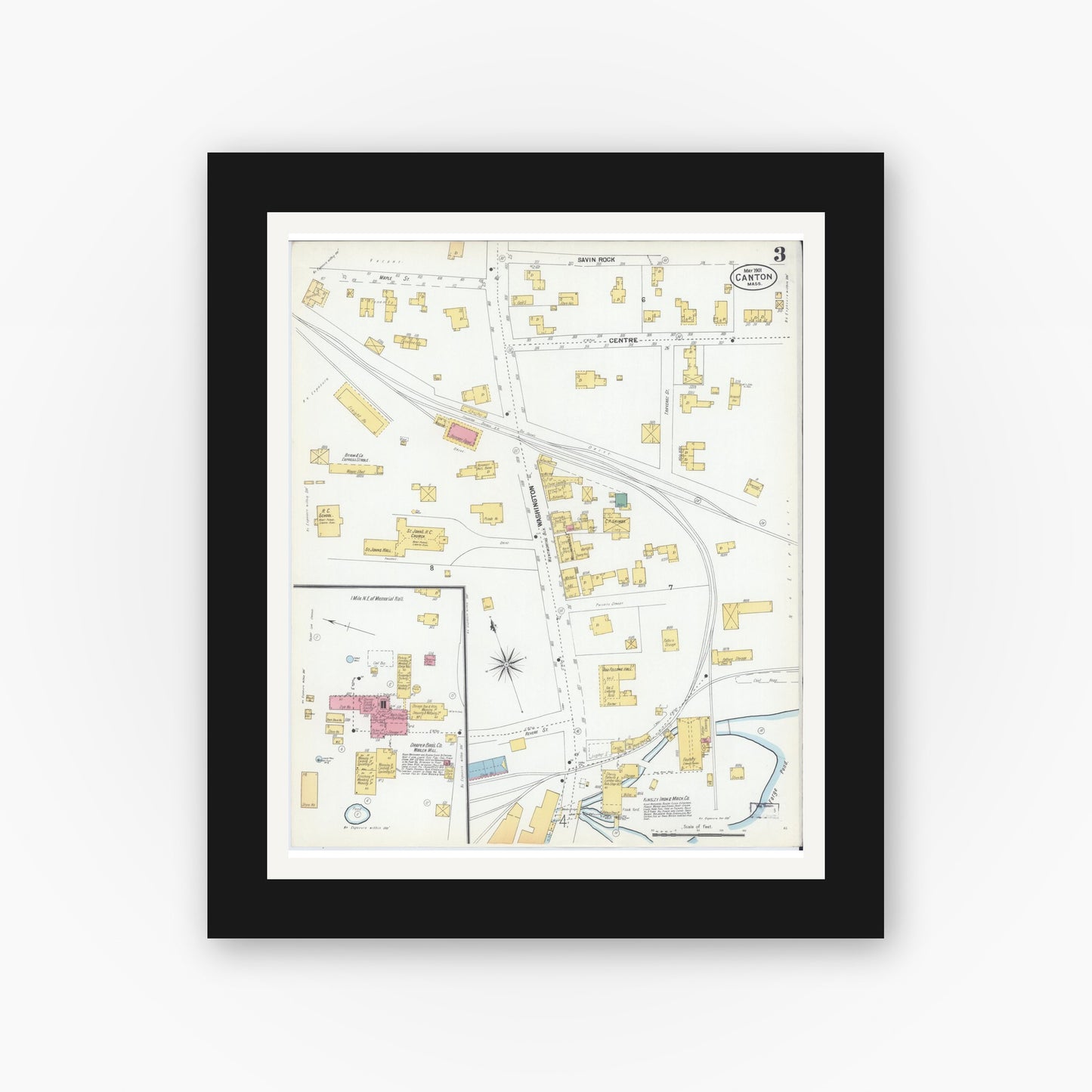 Old map wall art mockup — black gallery frame with white mat — Sanborn Fire Insurance Map from Canton, Norfolk County, Massachusetts (1901), Sheet #0003