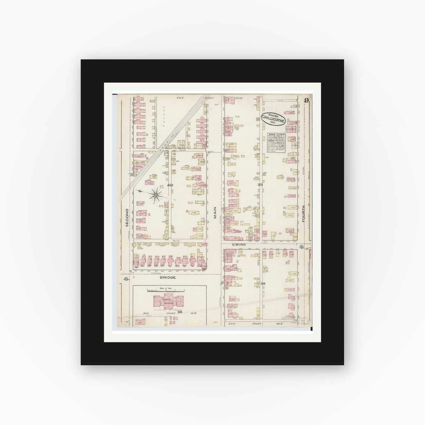 Old map wall art mockup — black gallery frame with white mat — Sanborn Fire Insurance Map from Chillicothe, Ross County, Ohio (1884), Sheet #0009