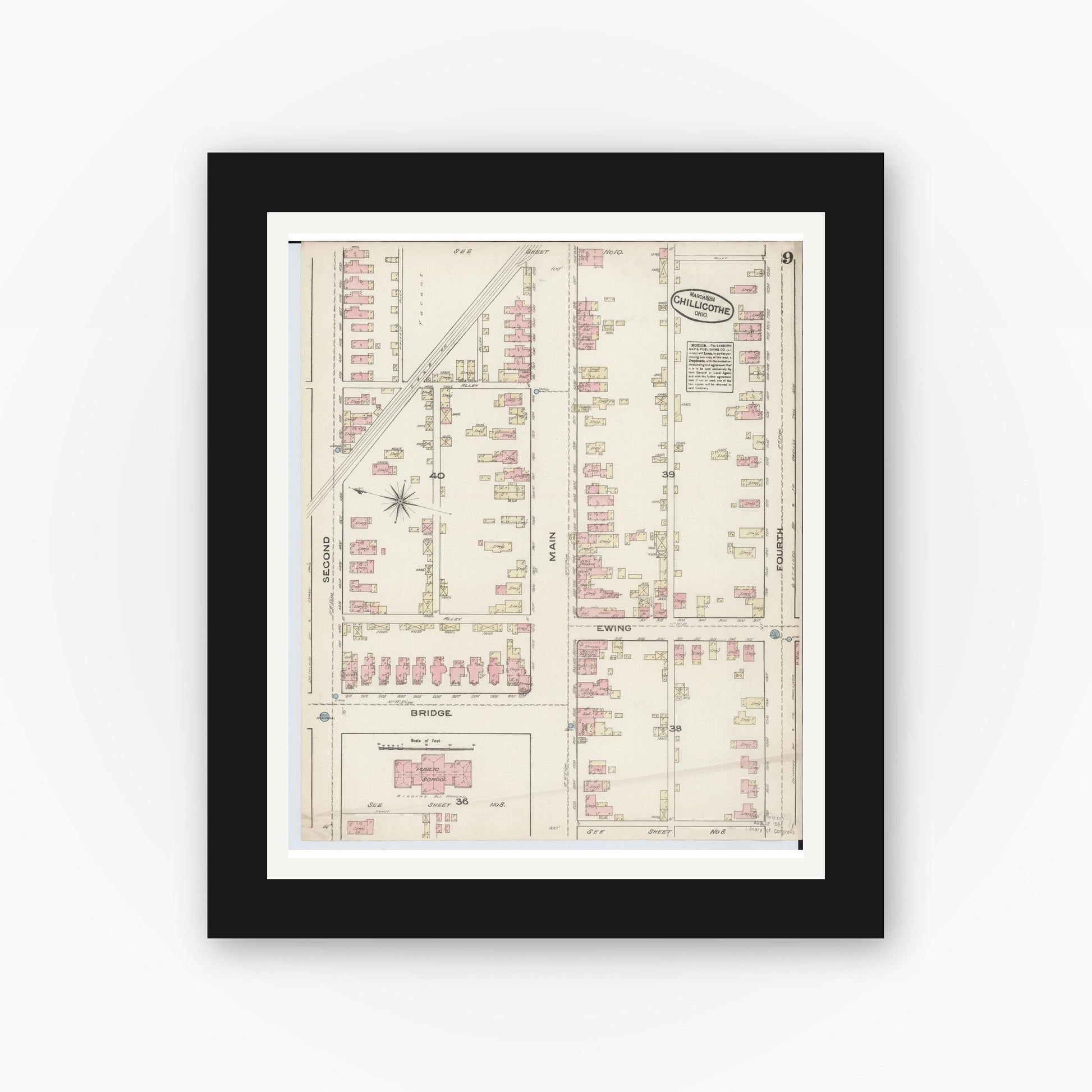 Old map wall art mockup — black gallery frame with white mat — Sanborn Fire Insurance Map from Chillicothe, Ross County, Ohio (1884), Sheet #0009