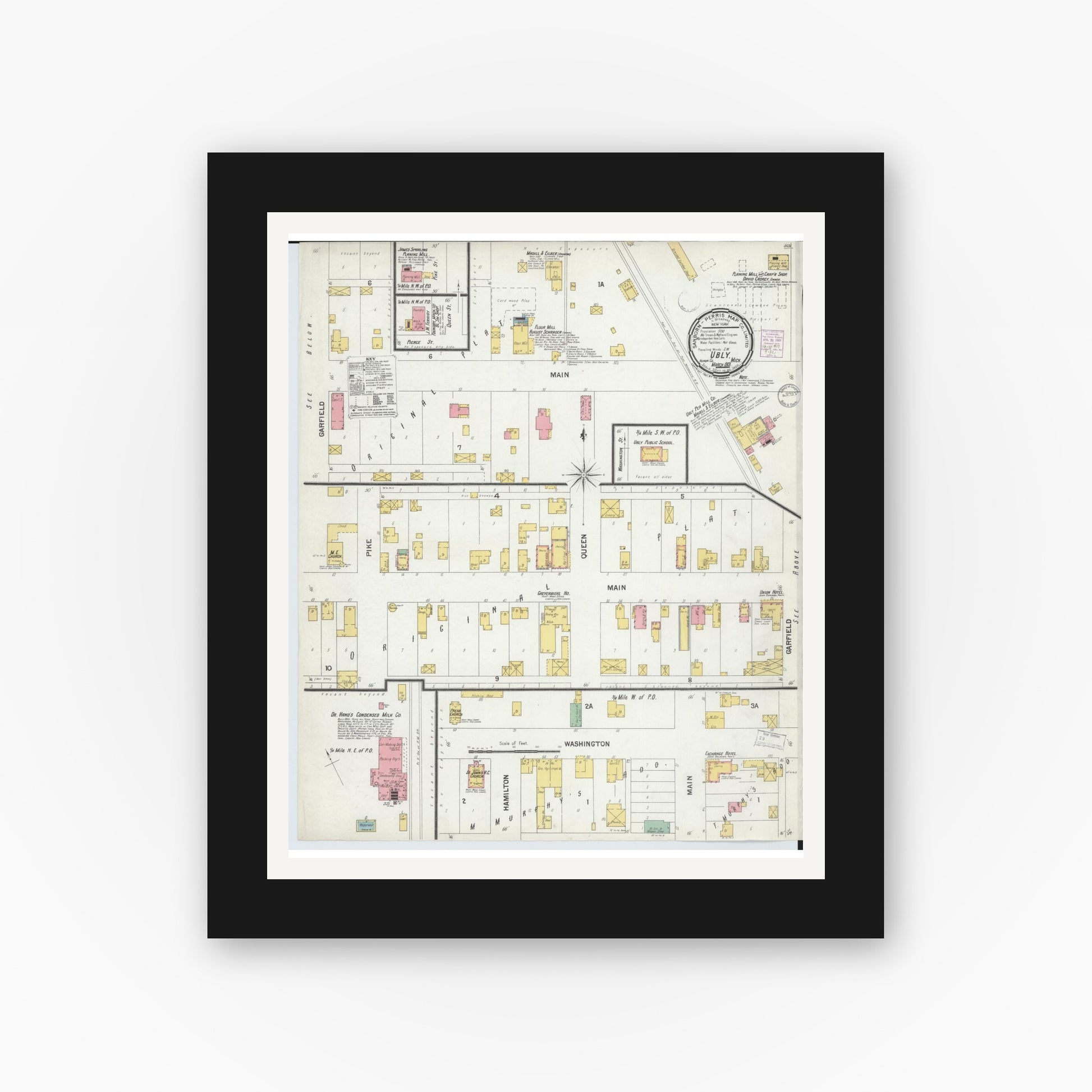 Old map wall art mockup — black gallery frame with white mat — Sanborn Fire Insurance Map from Ubly, Huron County, Michigan (1901), Sheet #0001