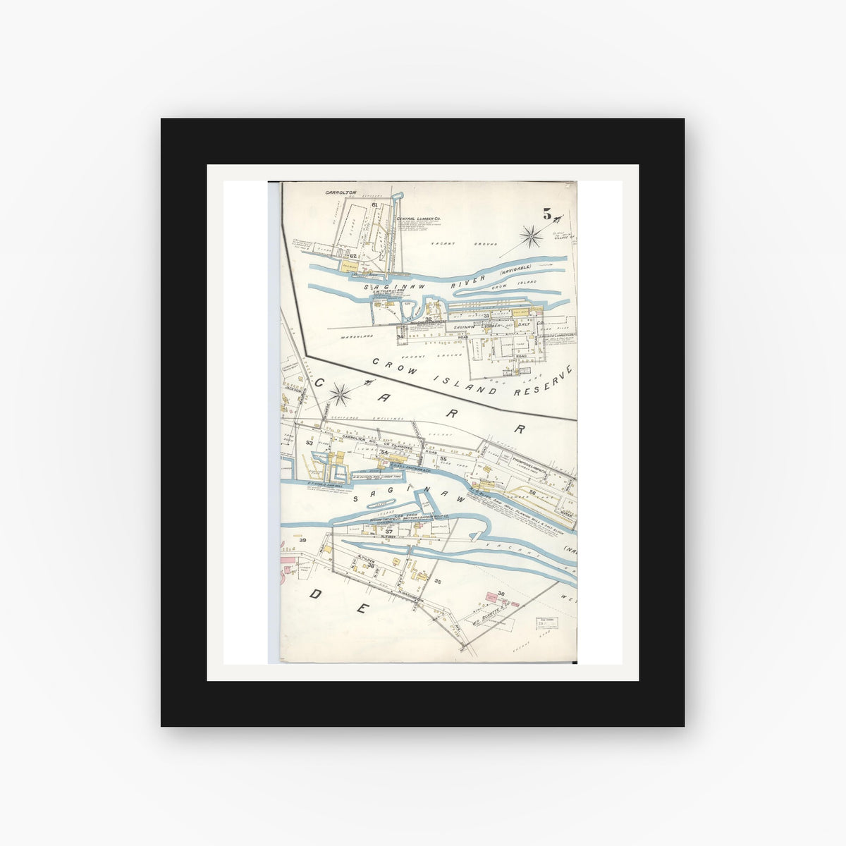 Old map wall art mockup — black gallery frame with white mat — Sanborn Fire Insurance Map from Saginaw, Saginaw County, Michigan (1895), Sheet #0005