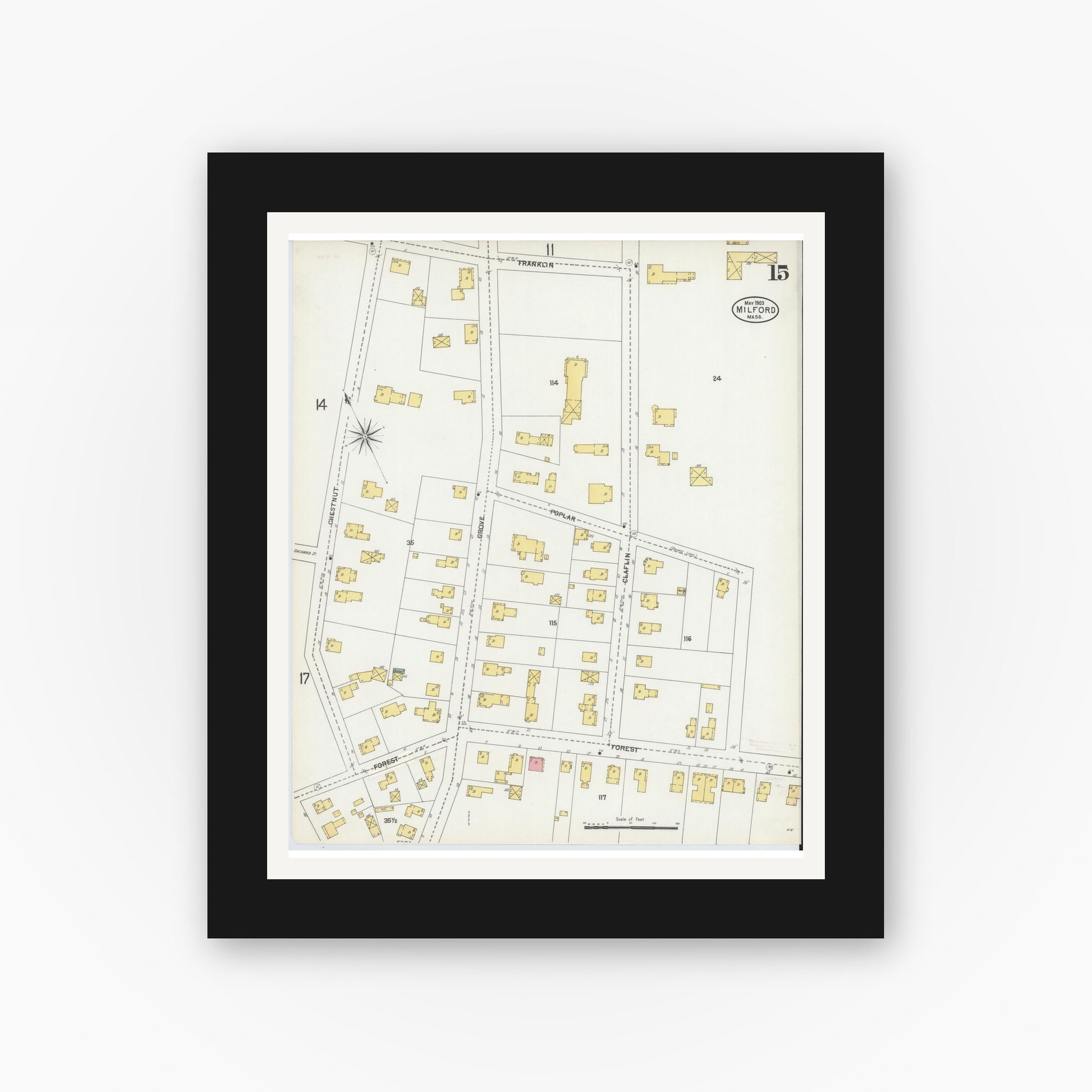 Old map wall art mockup — black gallery frame with white mat — Sanborn Fire Insurance Map from Milford, Worcester County, Massachusetts (1903), Sheet #0015