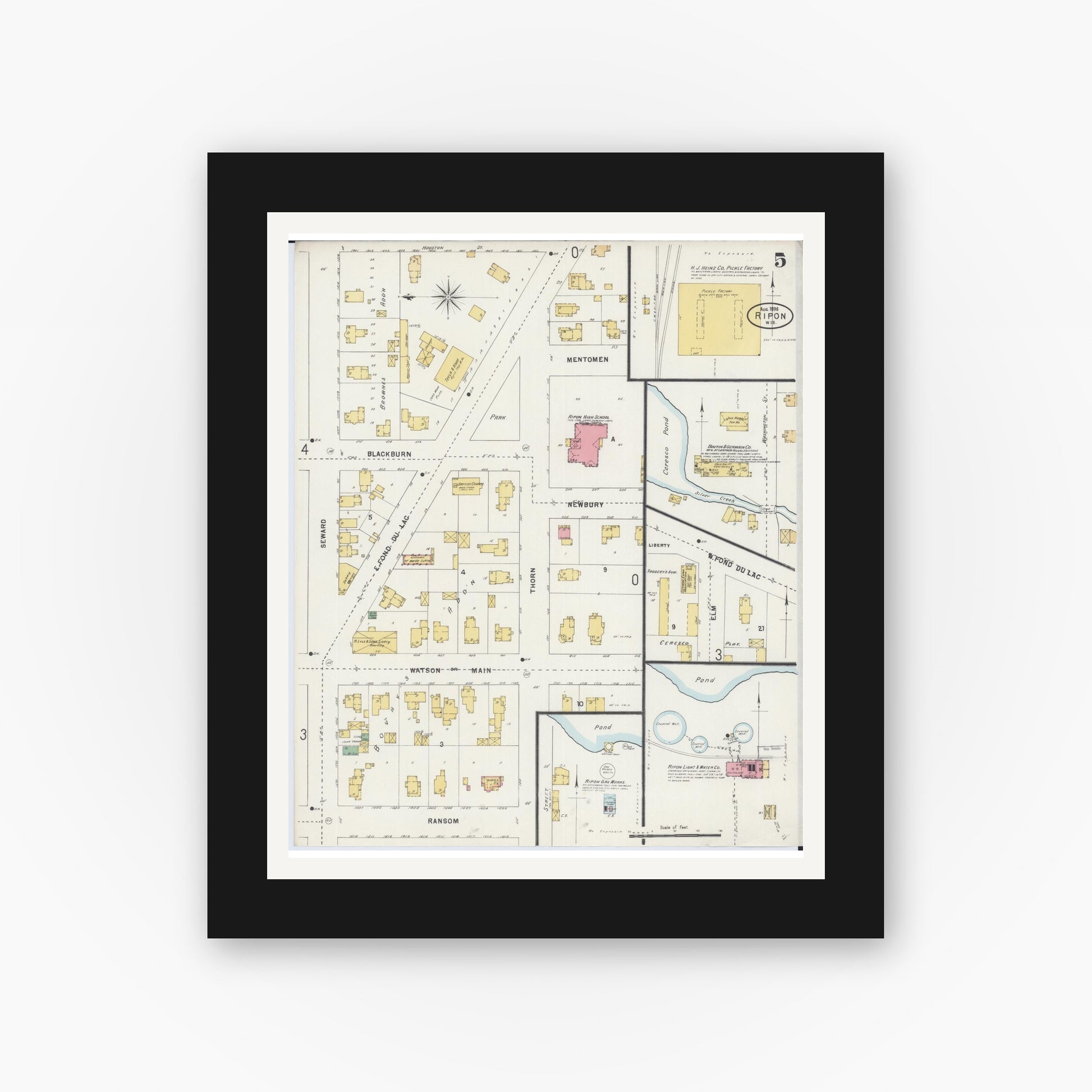 Old map wall art mockup — black gallery frame with white mat — Sanborn Fire Insurance Map from Ripon, Fond du Lac County, Wisconsin (1898), Sheet #0005
