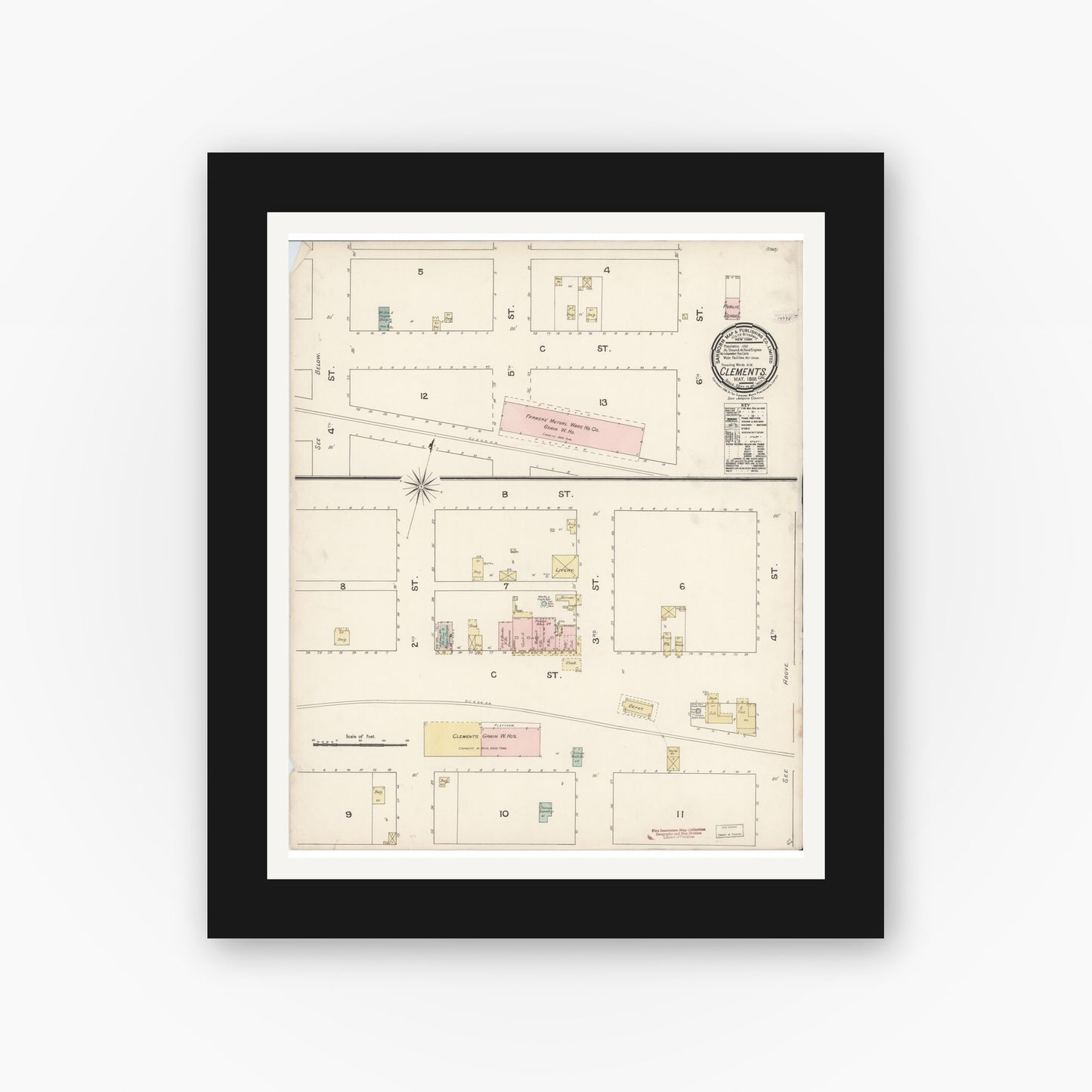 Old map wall art mockup — black gallery frame with white mat — Sanborn Fire Insurance Map from Clements, San Joaquin County, California (1888), Sheet #0001