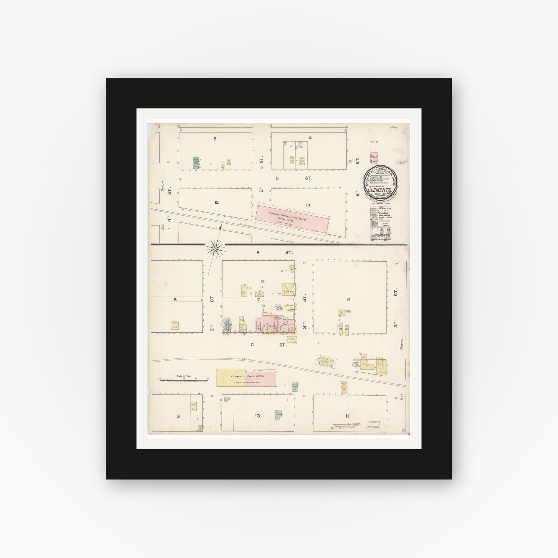 Old map wall art mockup — black gallery frame with white mat — Sanborn Fire Insurance Map from Clements, San Joaquin County, California (1888), Sheet #0001