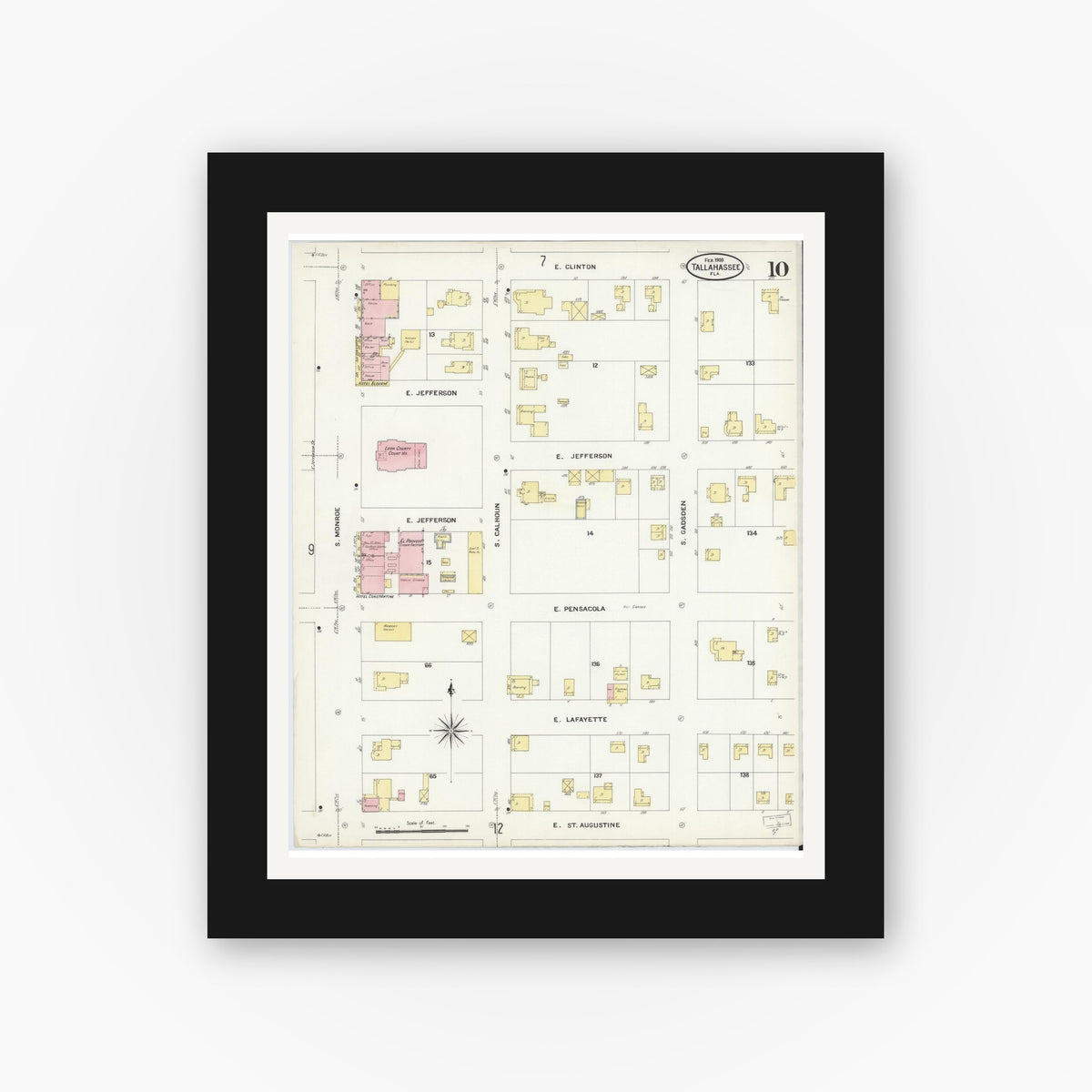 Old map wall art mockup — black gallery frame with white mat — Sanborn Fire Insurance Map from Tallahassee, Leon County, Florida (1909), Sheet #0010