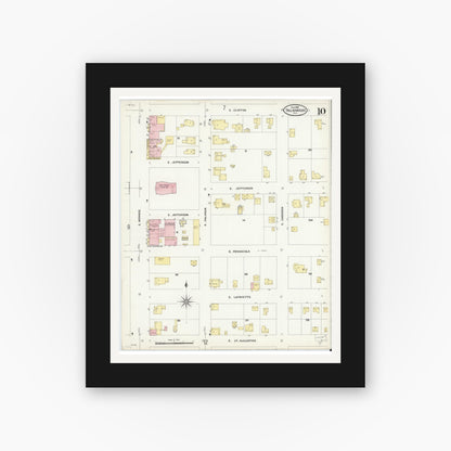 Old map wall art mockup — black gallery frame with white mat — Sanborn Fire Insurance Map from Tallahassee, Leon County, Florida (1909), Sheet #0010