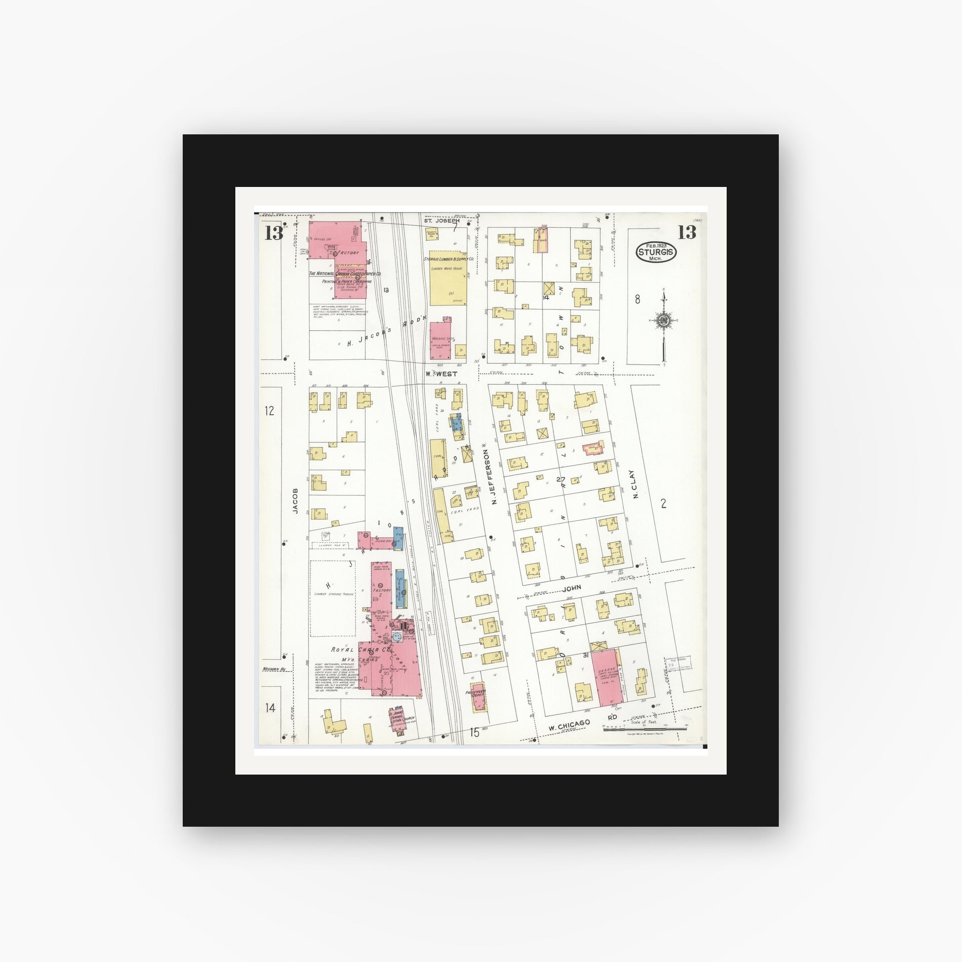 Old map wall art mockup — black gallery frame with white mat — Sanborn Fire Insurance Map from Sturgis, Saint Joseph County, Michigan (1923), Sheet #0013