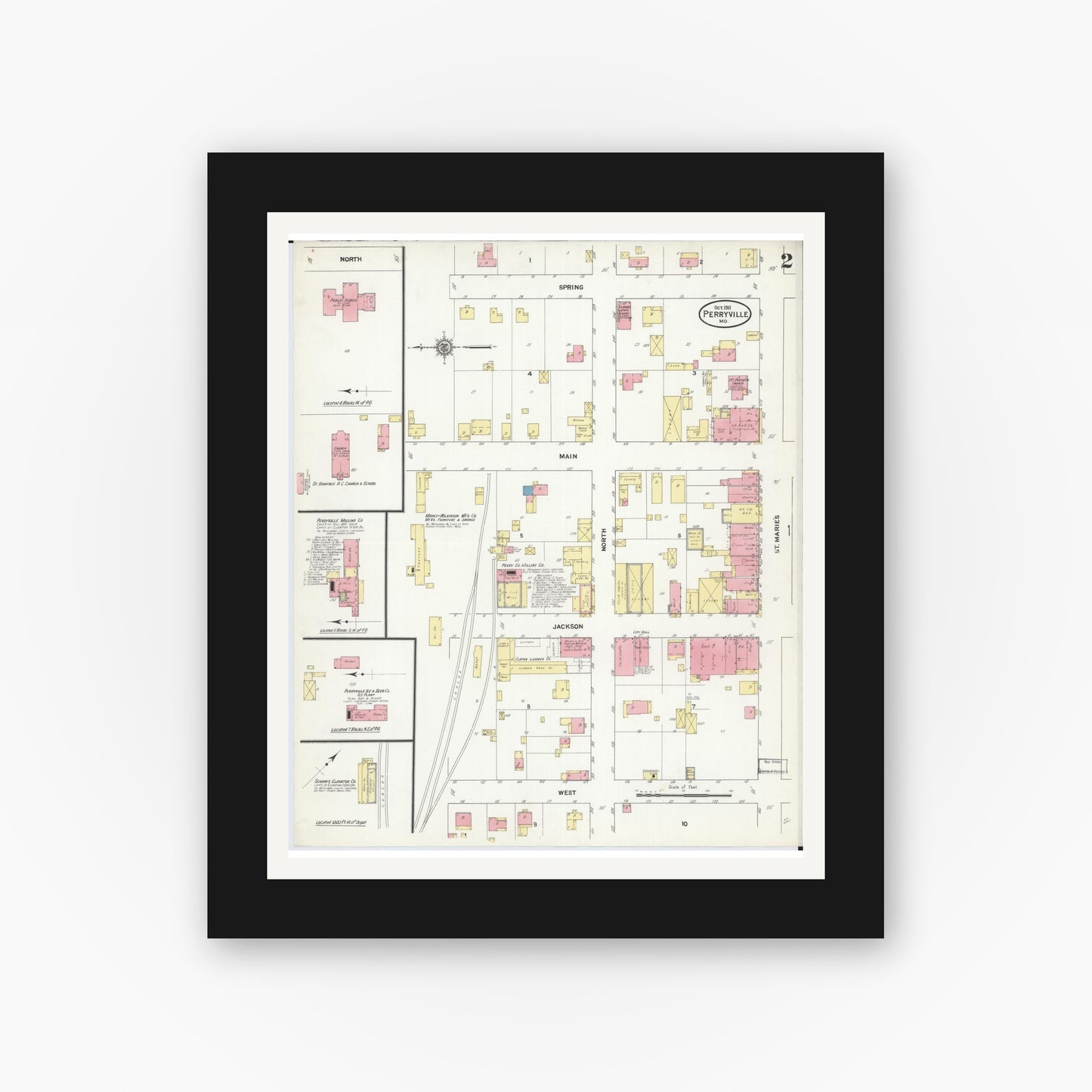 Old map wall art mockup — black gallery frame with white mat — Sanborn Fire Insurance Map from Perryville, Perry County, Missouri (1911), Sheet #0002