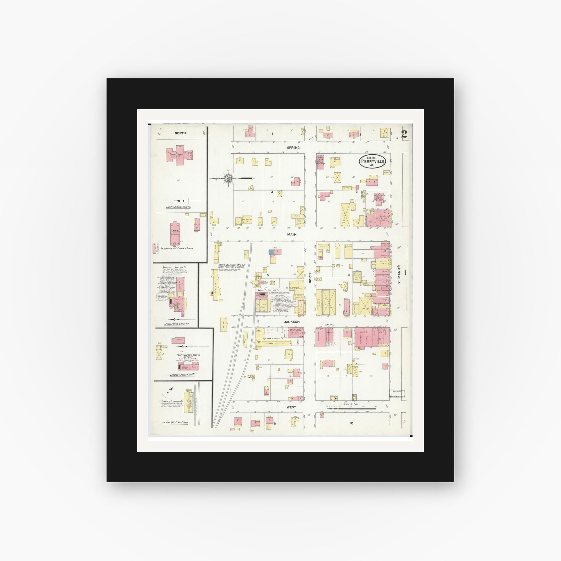 Old map wall art mockup — black gallery frame with white mat — Sanborn Fire Insurance Map from Perryville, Perry County, Missouri (1911), Sheet #0002