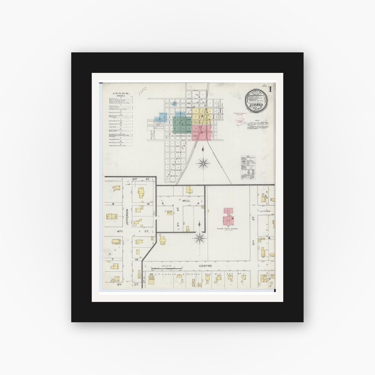Old map wall art mockup — black gallery frame with white mat — Sanborn Fire Insurance Map from Girard, Macoupin County, Illinois (1894), Sheet #0001