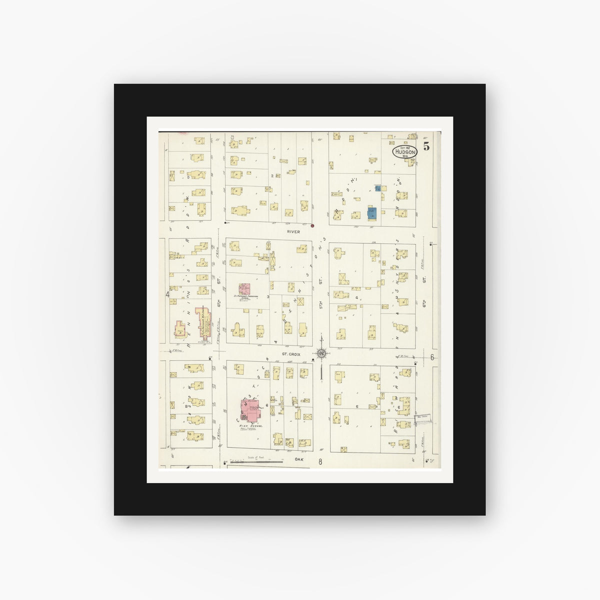 Old map wall art mockup — black gallery frame with white mat — Sanborn Fire Insurance Map from Hudson, St. Croix County, Wisconsin (1912), Sheet #0005