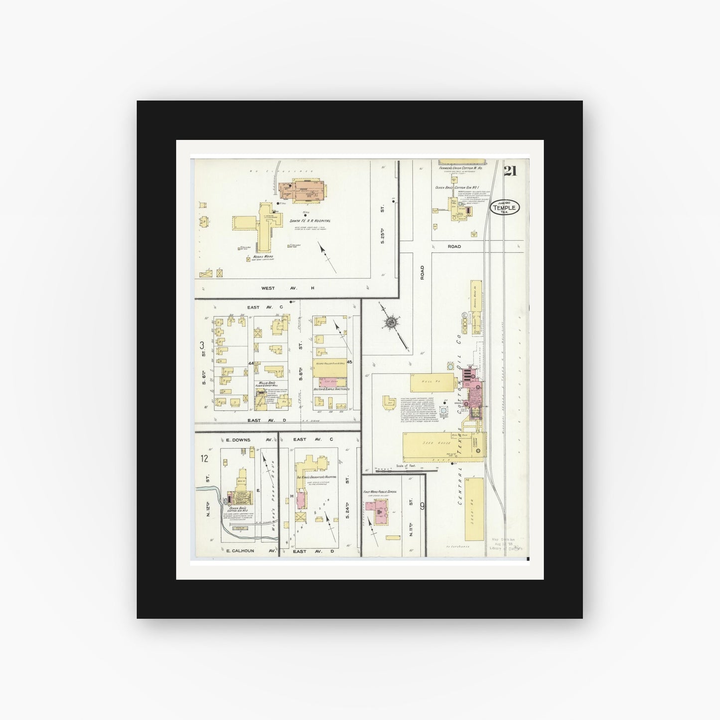 Old map wall art mockup — black gallery frame with white mat — Sanborn Fire Insurance Map from Temple, Bell County, Texas (1910), Sheet #0021