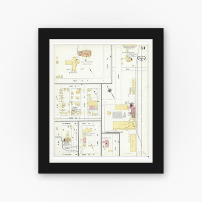 Old map wall art mockup — black gallery frame with white mat — Sanborn Fire Insurance Map from Temple, Bell County, Texas (1910), Sheet #0021