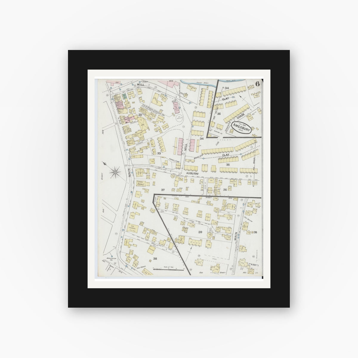 Old map wall art mockup — black gallery frame with white mat — Sanborn Fire Insurance Map from Amesbury, Essex County, Massachusetts (1889), Sheet #0006