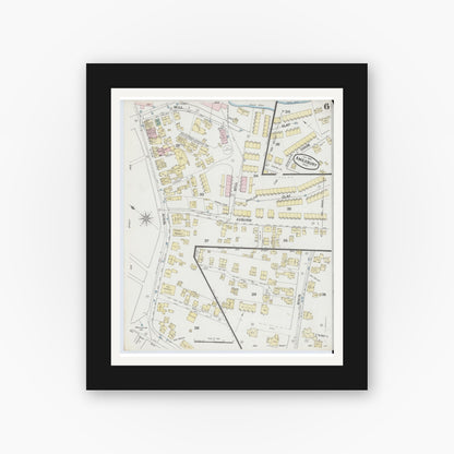 Old map wall art mockup — black gallery frame with white mat — Sanborn Fire Insurance Map from Amesbury, Essex County, Massachusetts (1889), Sheet #0006