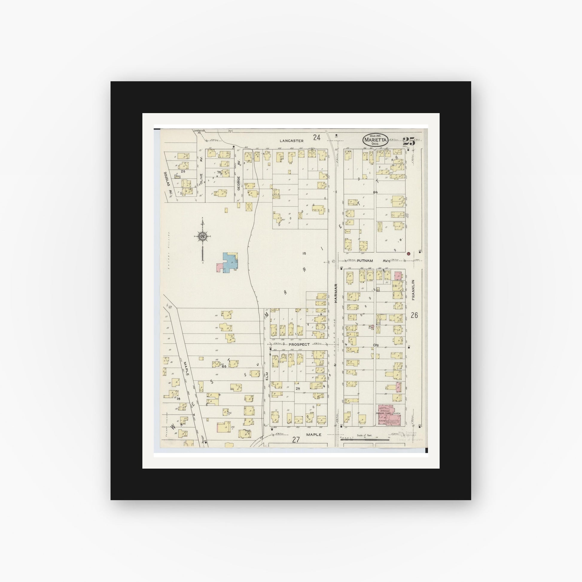 Old map wall art mockup — black gallery frame with white mat — Sanborn Fire Insurance Map from Marietta, Washington County, Ohio (1915), Sheet #0025