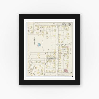 Old map wall art mockup — black gallery frame with white mat — Sanborn Fire Insurance Map from Marietta, Washington County, Ohio (1915), Sheet #0025