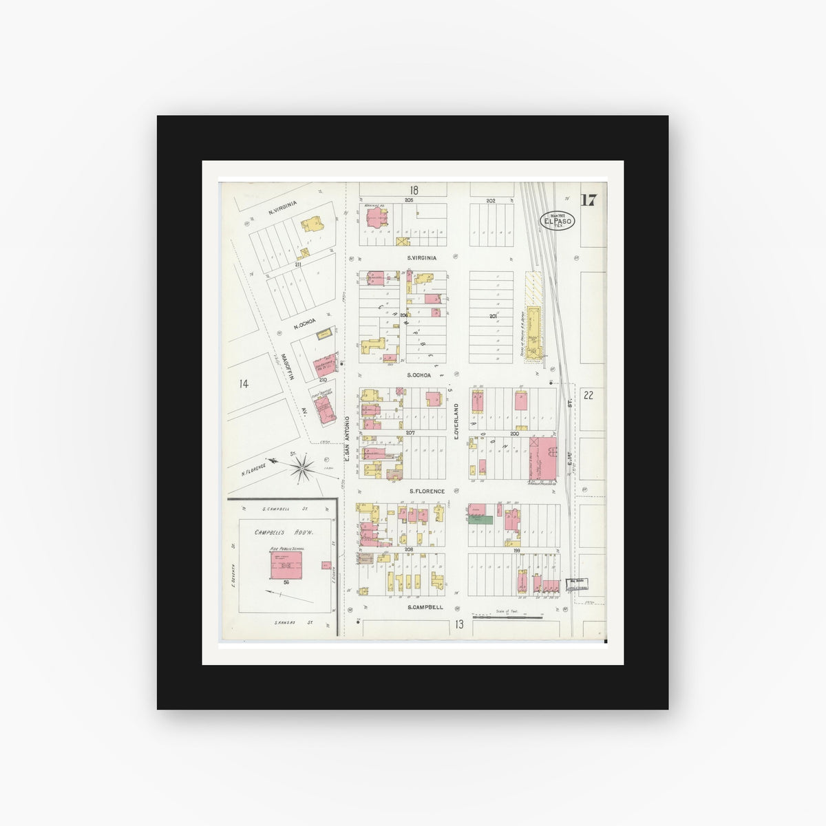 Old map wall art mockup — black gallery frame with white mat — Sanborn Fire Insurance Map from El Paso, El Paso County, Texas (1902), Sheet #0017