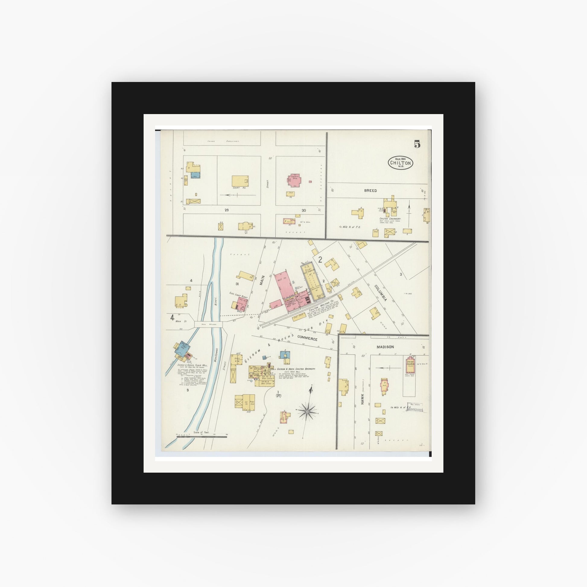 Old map wall art mockup — black gallery frame with white mat — Sanborn Fire Insurance Map from Chilton, Calumet County, Wisconsin (1904), Sheet #0005