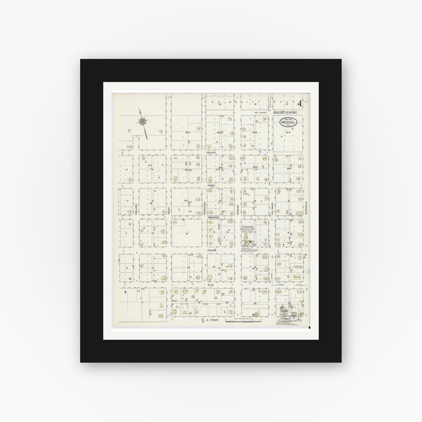 Old map wall art mockup — black gallery frame with white mat — Sanborn Fire Insurance Map from Merkel, Taylor County, Texas (1914), Sheet #0004