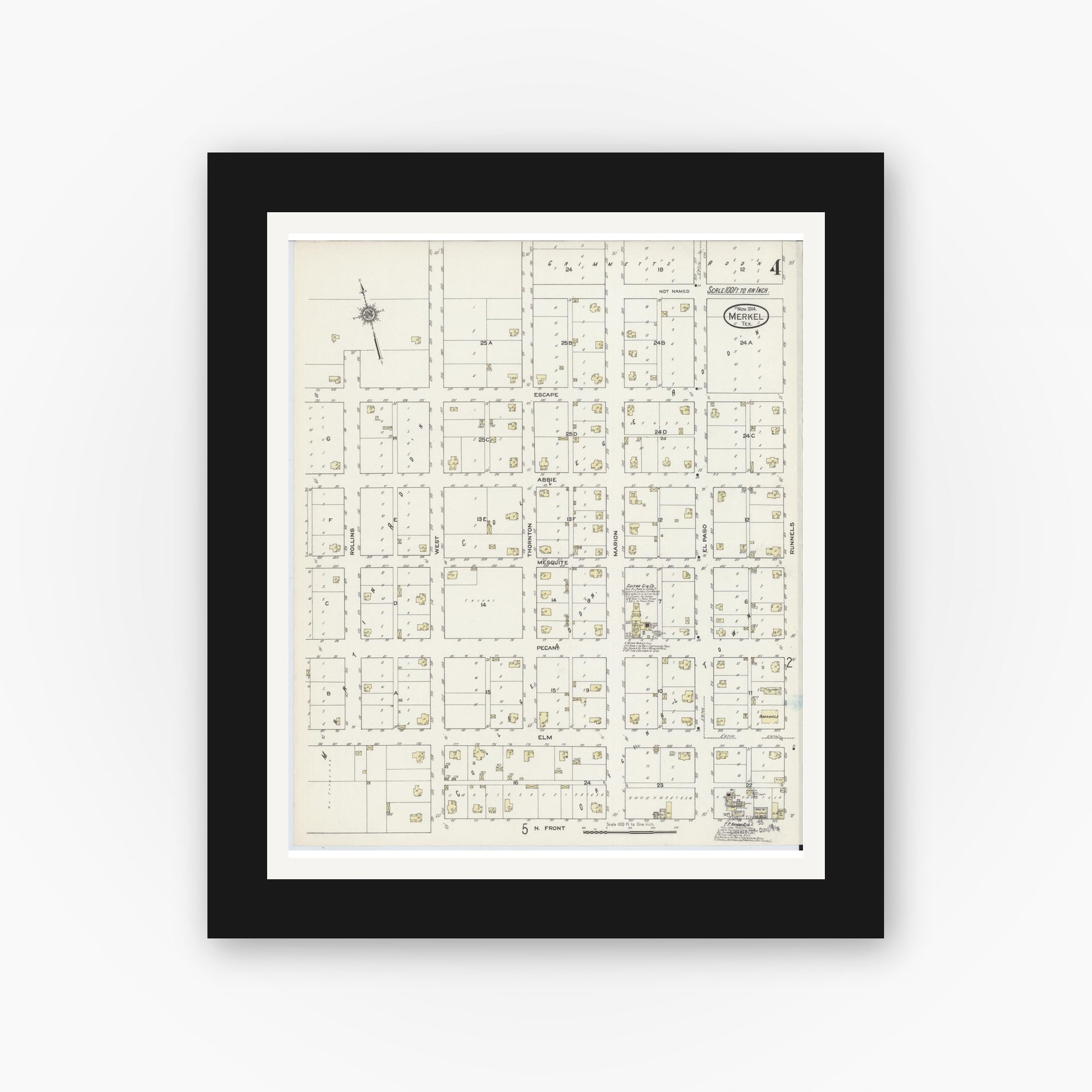 Old map wall art mockup — black gallery frame with white mat — Sanborn Fire Insurance Map from Merkel, Taylor County, Texas (1914), Sheet #0004