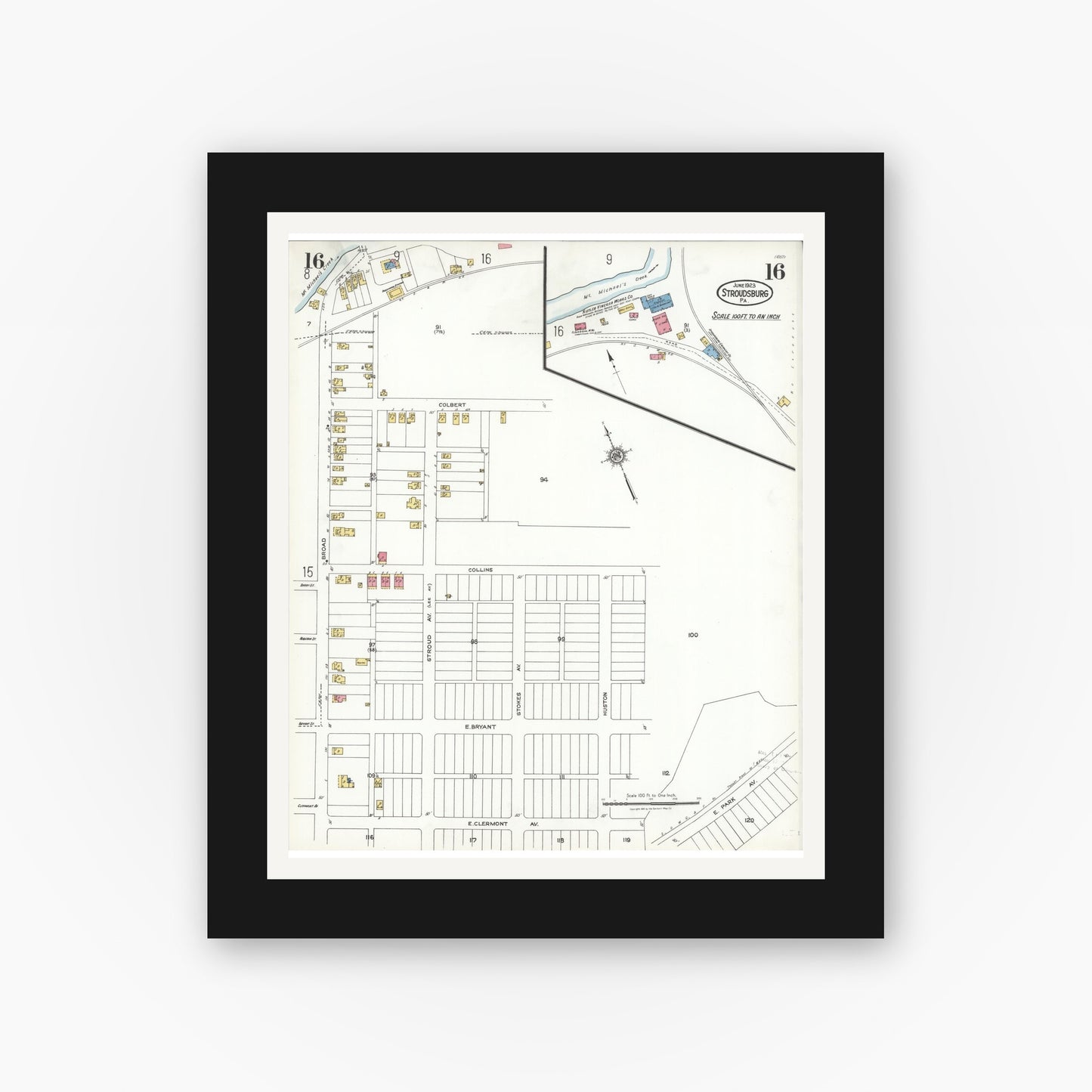 Old map wall art mockup — black gallery frame with white mat — Sanborn Fire Insurance Map from Stroudsburg, Monroe County, Pennsylvania (1923), Sheet #0016