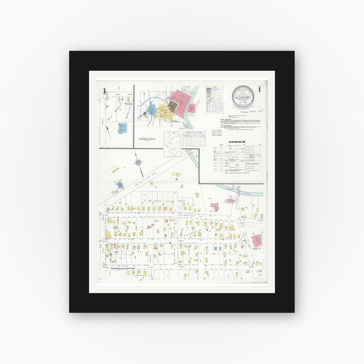 Old map wall art mockup — black gallery frame with white mat — Sanborn Fire Insurance Map from McHenry, McHenry County, Illinois (1933) - Complete Map Set