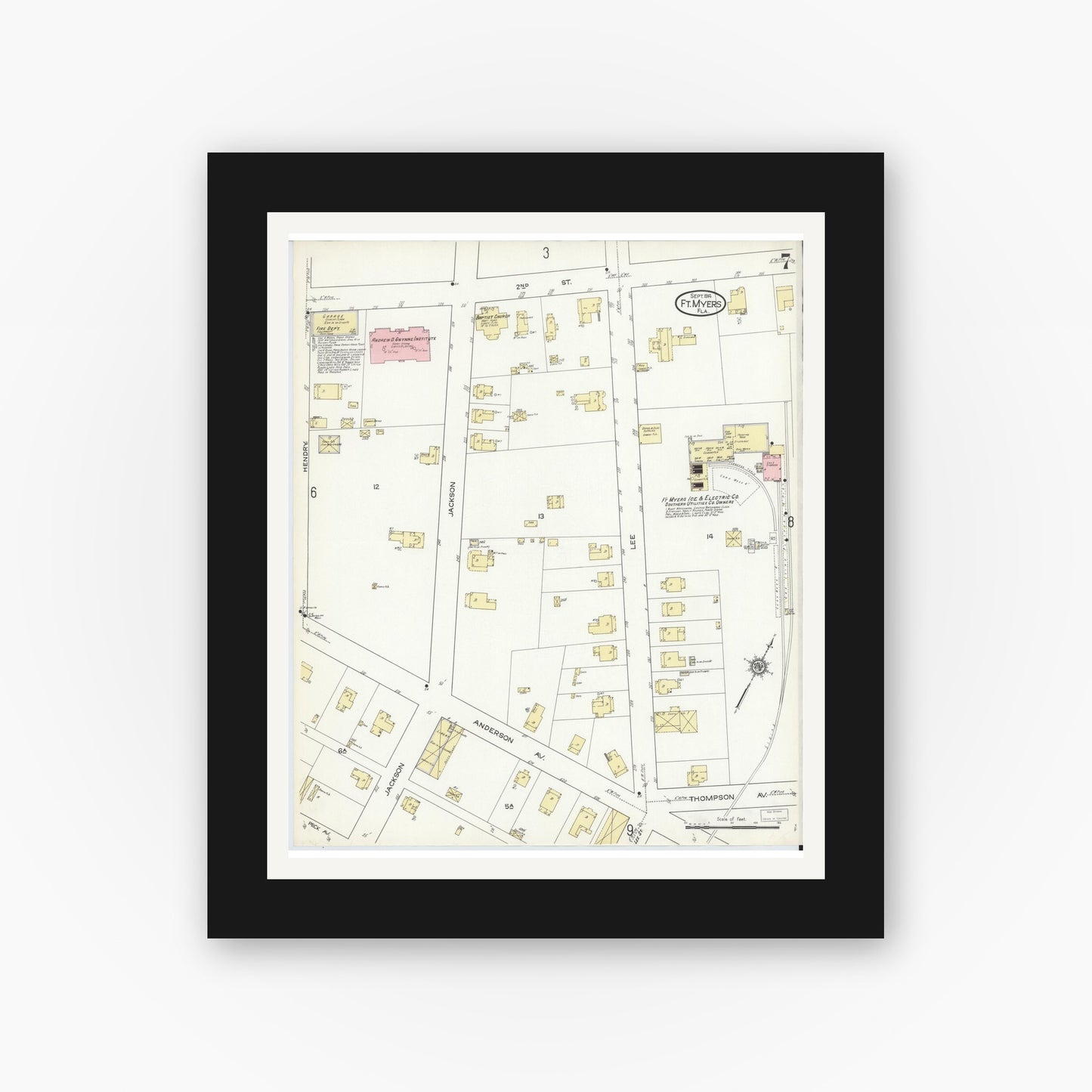 Old map wall art mockup — black gallery frame with white mat — Sanborn Fire Insurance Map from Fort Myers, Lee County, Florida (1914), Sheet #0007