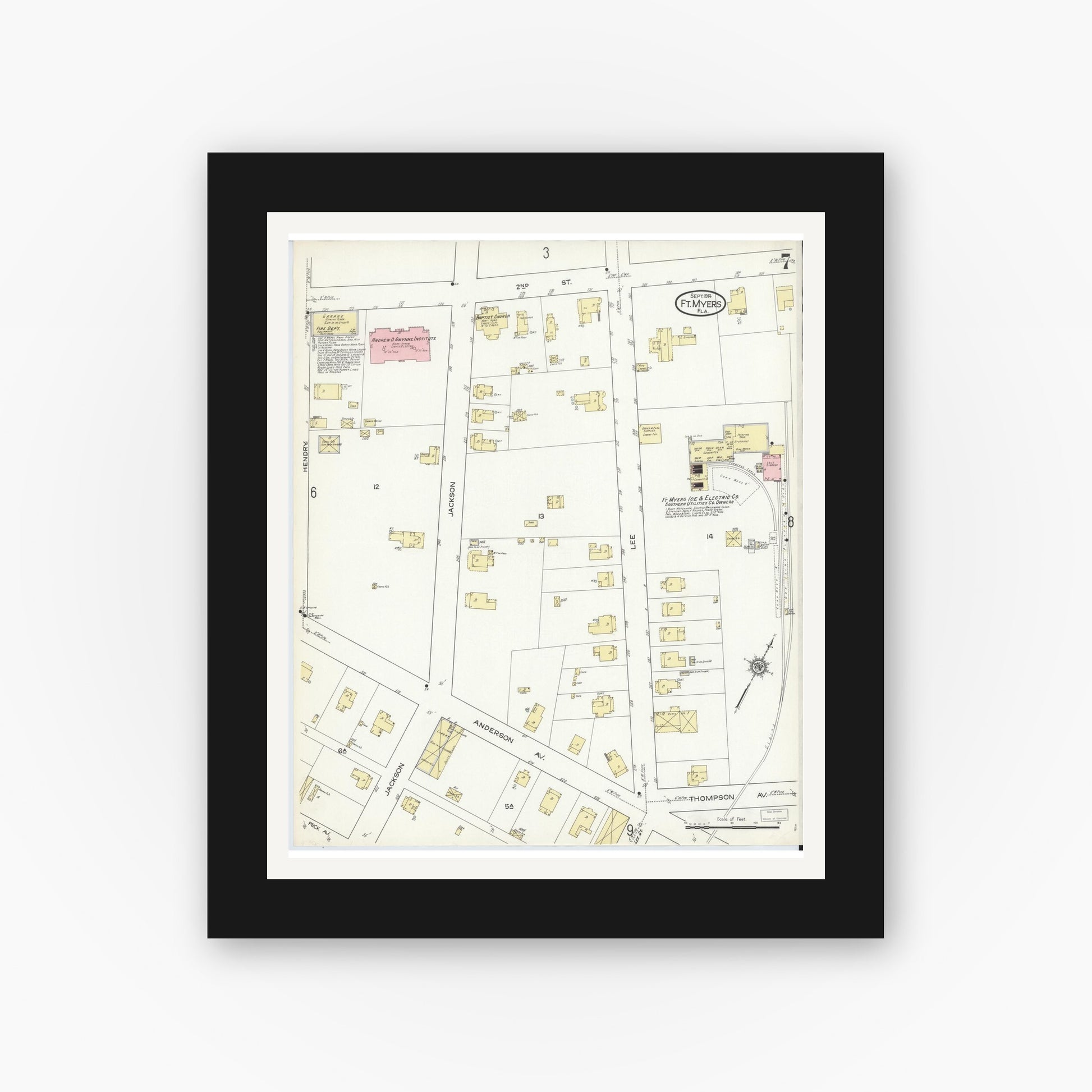 Old map wall art mockup — black gallery frame with white mat — Sanborn Fire Insurance Map from Fort Myers, Lee County, Florida (1914), Sheet #0007
