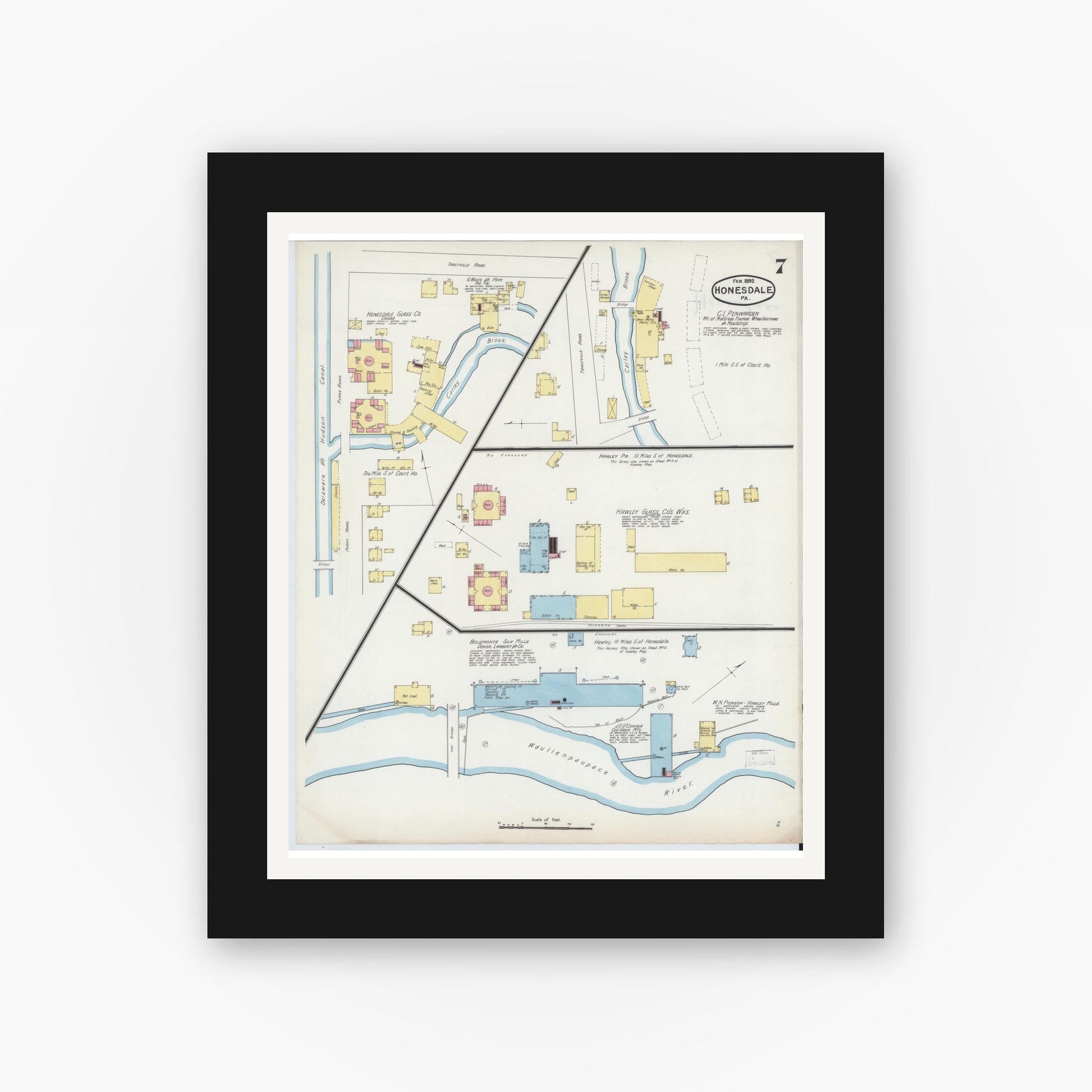 Old map wall art mockup — black gallery frame with white mat — Sanborn Fire Insurance Map from Honesdale, Wayne County, Pennsylvania (1892), Sheet #0007