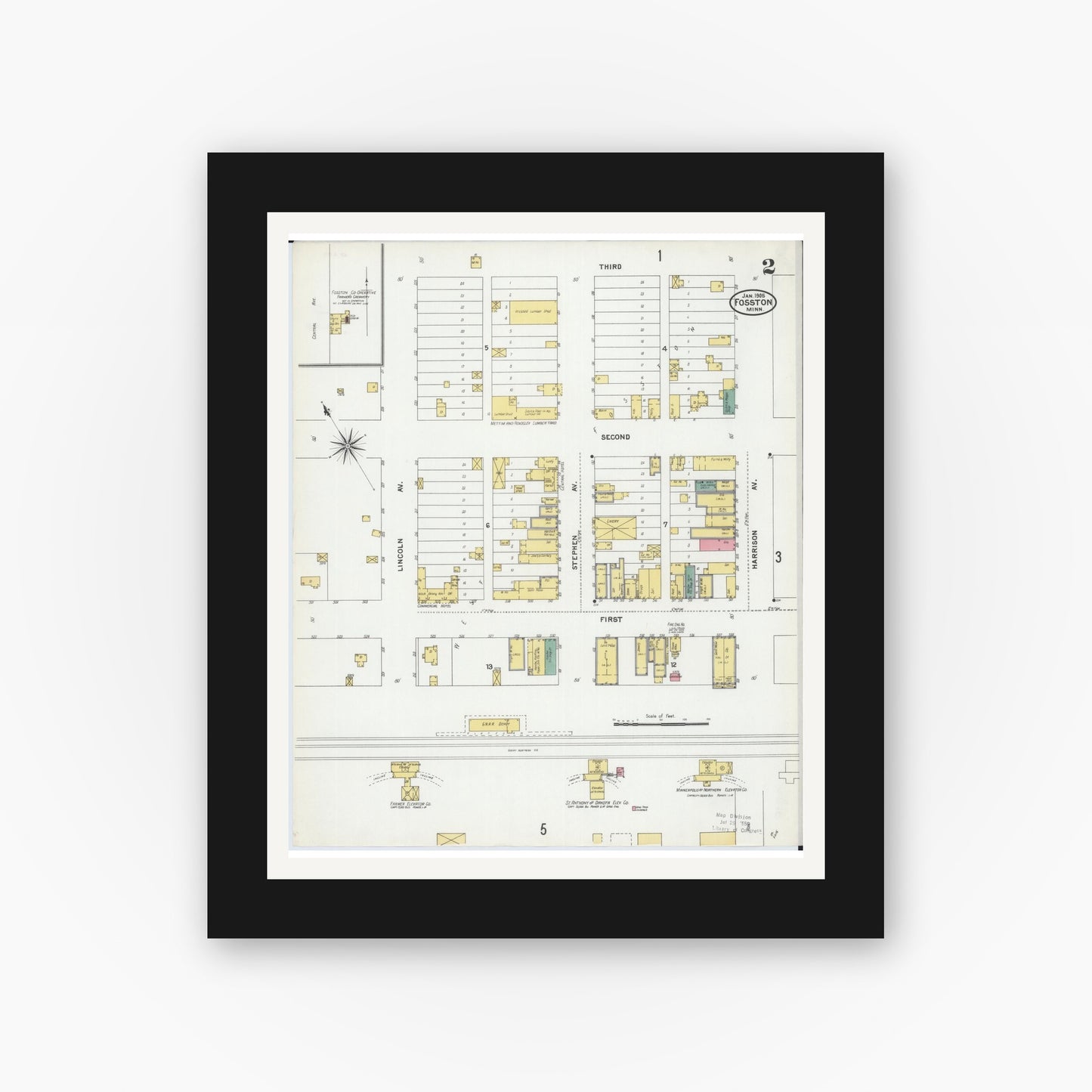 Old map wall art mockup — black gallery frame with white mat — Sanborn Fire Insurance Map from Fosston, Polk County, Minnesota (1905), Sheet #0002