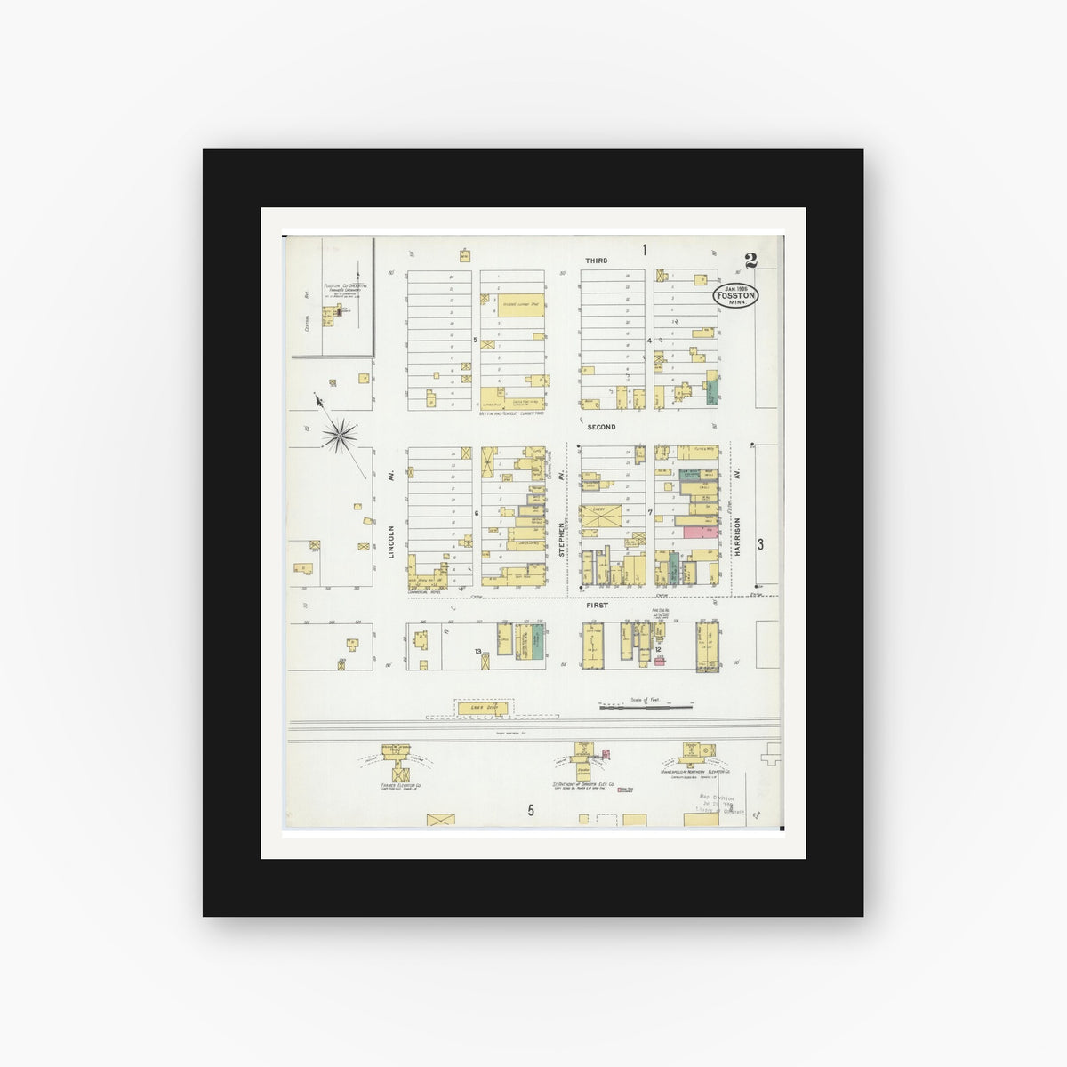 Old map wall art mockup — black gallery frame with white mat — Sanborn Fire Insurance Map from Fosston, Polk County, Minnesota (1905), Sheet #0002