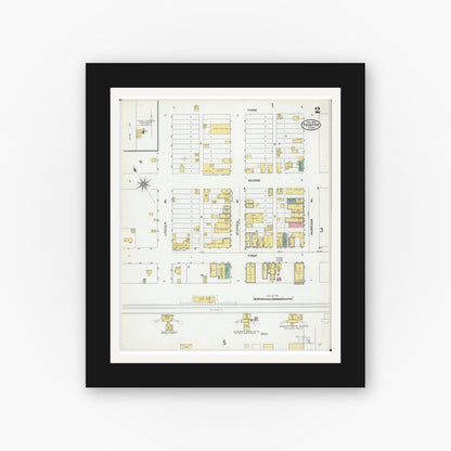 Old map wall art mockup — black gallery frame with white mat — Sanborn Fire Insurance Map from Fosston, Polk County, Minnesota (1905), Sheet #0002